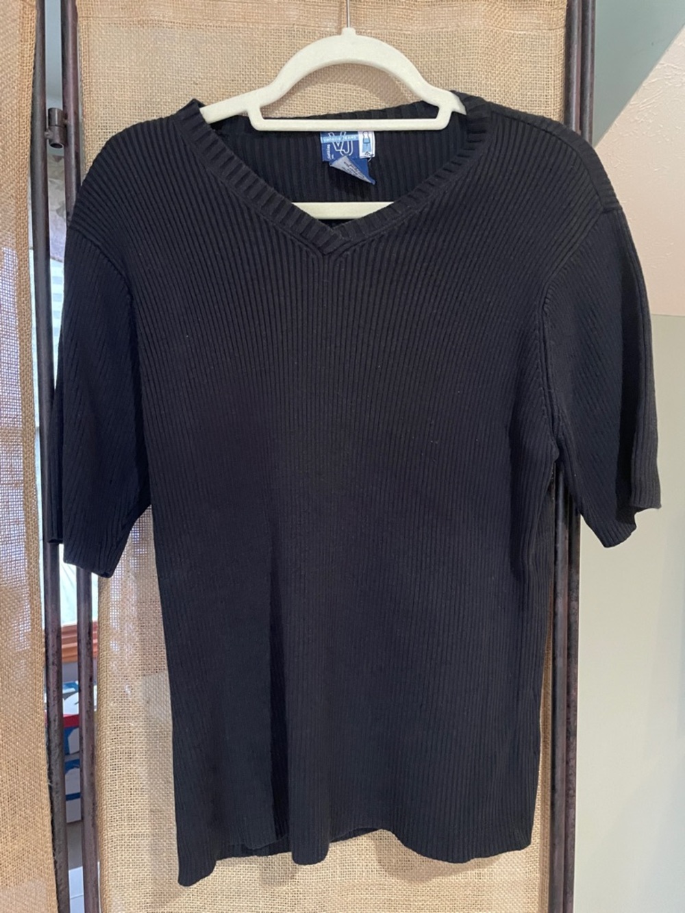 Venezia Black Ribbed V-Neck Short Sleeve Top
